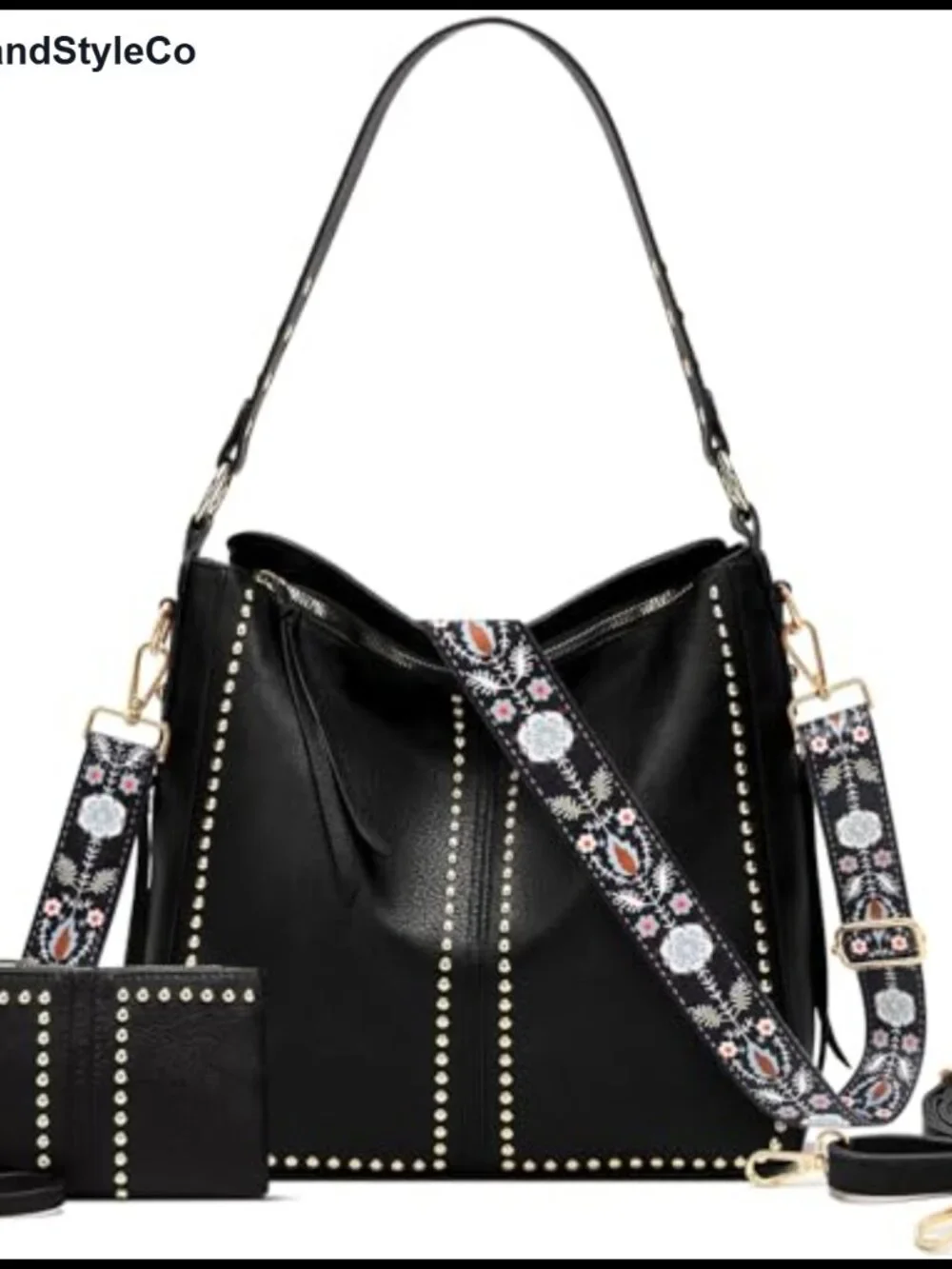 PU Faux Leather Hobo Handbag with Wallet Set - Women's Studded Shoulder Bag
